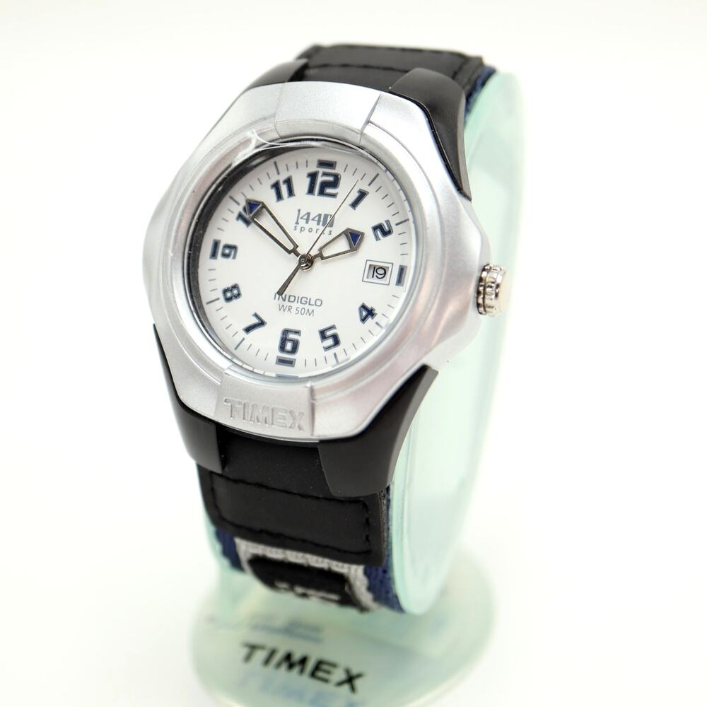 NOS Timex 1440 Indiglo Analog 43mm Date Watch Nylon Clip Band with New Battery
